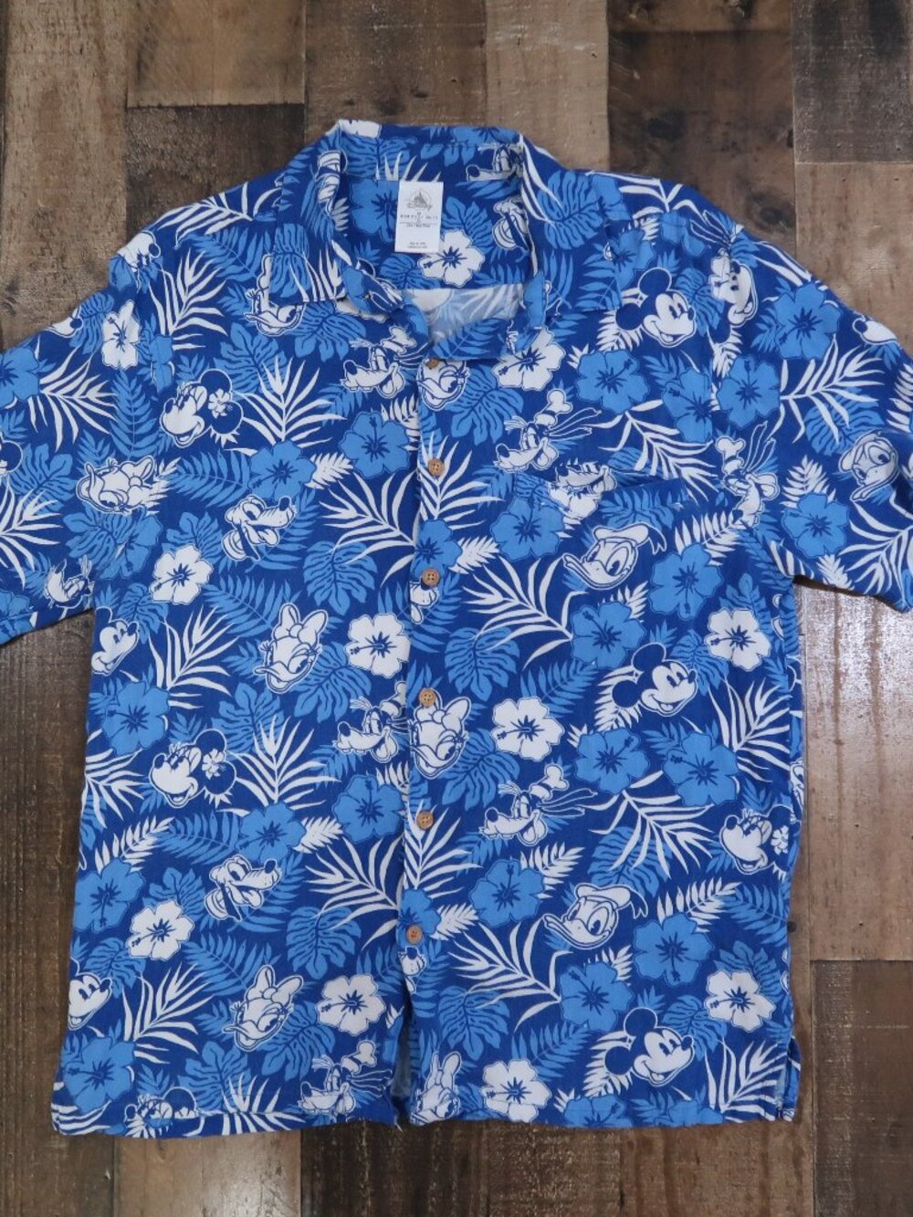 Disney Mens Medium Blue & White Tropical Hawaiian Shirt Mickey Goofy Donald